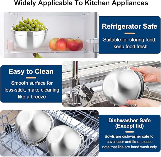 TeamFar Mixing Bowls with Lids, 5PCS Stainless Steel Metal Salad Bowl with 3 Grater Attachments, for Cooking, Prepping, Serving, Healthy, Airtight Lids & Easy Clean - 0.7/1 / 1.5/2.6/4.6QT