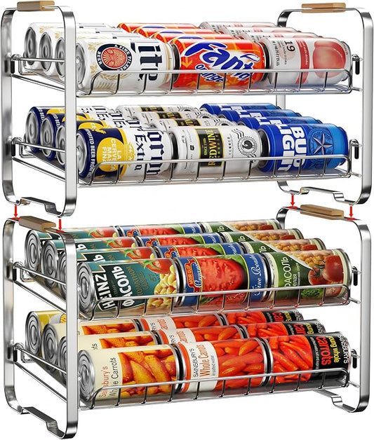MAXIFFE 2-Tier Can Organizer for Pantry, 16.9"W × 11.5"D × 16.7"H, Stackable Metal Adjustable Hold 40 Cans Rack Storage Holder Dispenser for Soda Drinks Fruits, for Kitchen Countertop, 2 Pack Chrome