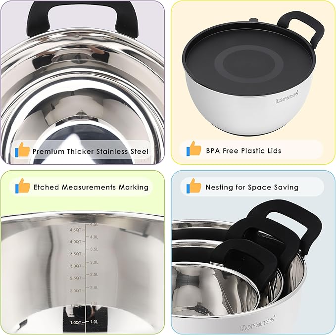 Rorence Stainless Steel Mixing Bowls: Stackable Mixing Bowl Set with Lids and Handles Non-slip Silicone Bottom Nesting Bowls for Kitchen Set of 3 - Black