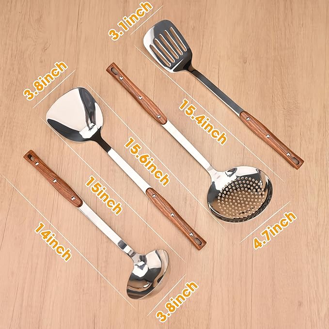 FJNATINH 4Pcs Kitchen Utensils Set, Heat Resistant Wok Spatulas, Stainless Steel Ladle, Skimmer Spoon, Slotted Turners, Metal Wok Utensil Tools for Serving, Cooking, Stirring, Soup, Turning