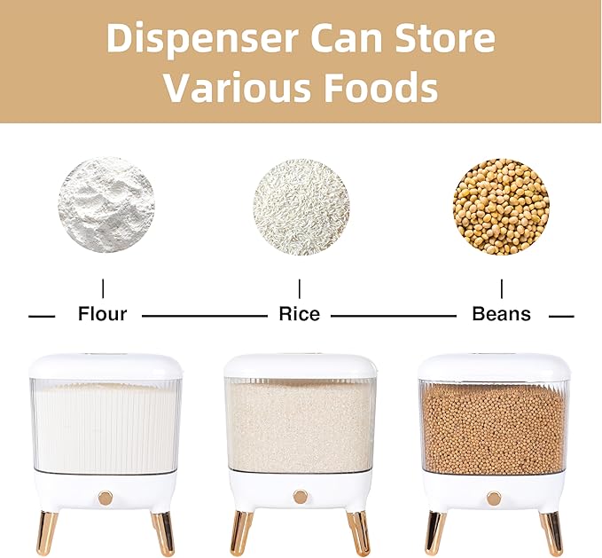 Rice Dispenser 25 Lbs - Flour and Rice Container - Space Efficient Food Dispenser for Organized Storage - Save Time & Effort with Easy Dispensing - Stylish Countertop Solution