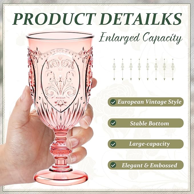 60 Pack Plastic Goblets 10oz Upgrade Vintage Water Goblet Plastic Wine Glasses Colored Retro Embossed Glassware for Party Wine Bar Juice Baby Shower Wedding Reception Grand (Pink)