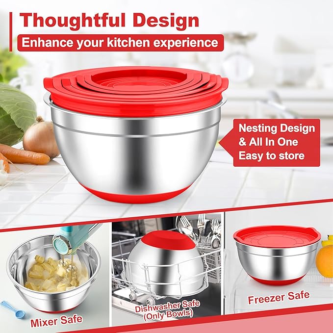 TeamFar Mixing Bowls, Red Mixing Bowls with Lids Set, Stainless Steel Nesting Salad Bowl with Air-tight Lid & Silicone Bottom, Non Slip & Stackable - Set of 6-4.6/2.6/2 / 1.5/1 / 0.7 Qt
