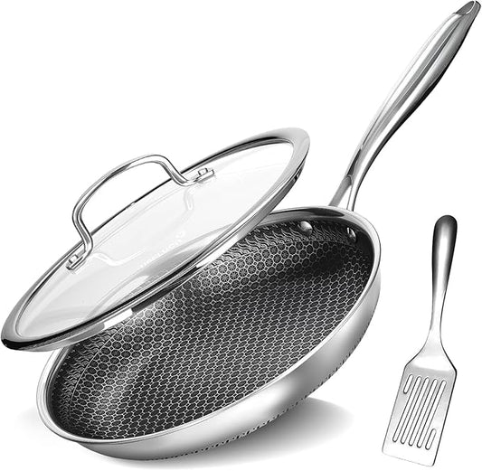 10 Inch Nonstick Frying Pan with Lid, Stainless Steel Skillet with Honeycomb Surface, Induction Compatible, Oven & Dishwasher Safe, PFAS-Free Cookware