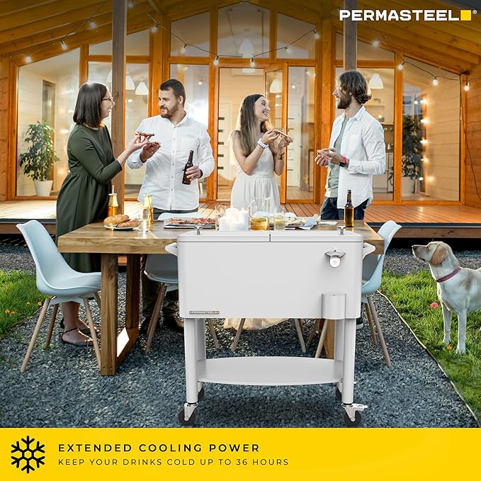 Permasteel 80 Quart Party Cooler, Rolling Ice Chest with Wheels and Handles for Indoor Outdoor Patio
