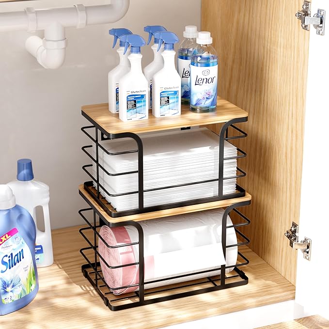 2 Pack Extra Large Stackable Pantry Organizers and Storage,Wall Mount Trash Bag Holder Dispenser with Bamboo Top for Kitchen Laundry Room Organization,Black