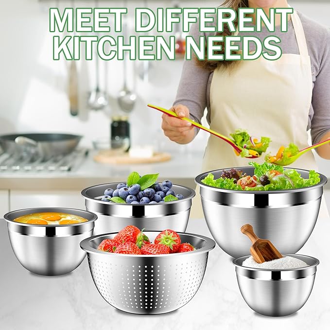 Mixing Bowls with Lids Set, Stainless Steel Mixing Bowls with Colander, Strainer with Mixing Bowl Set, Kitchen Gadgets Bowl Christams Gift, Size 4, 2.5, 2, 1.5QT - Black
