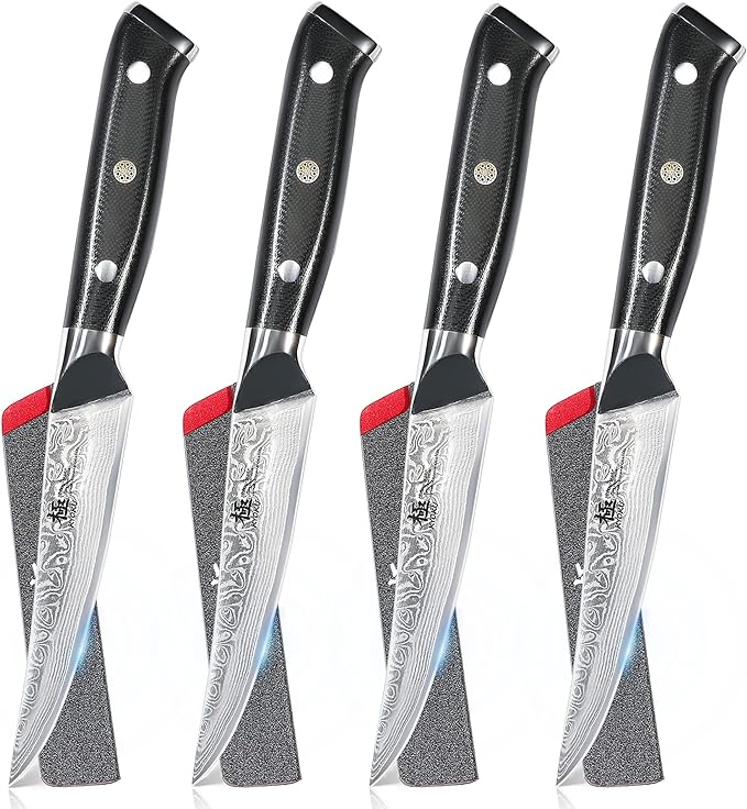 KYOKU Damascus Non-Serrated Steak Knives Set of 4 - Shogun Series - Japanese VG10 Steel - with Sheath & Case
