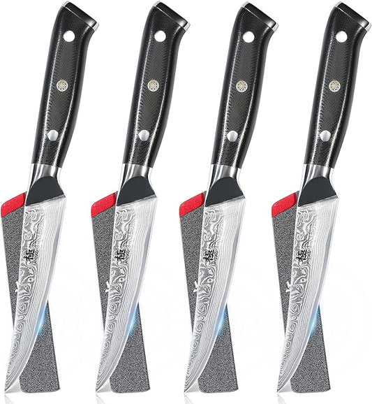KYOKU Damascus Non-Serrated Steak Knives Set of 4 - Shogun Series - Japanese VG10 Steel - with Sheath & Case