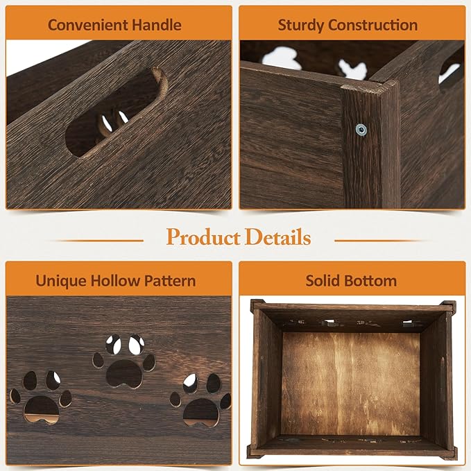 Wooden Crates 2 Pack, Hollow Claw Wooden Crates for Display & Storage, Farmhouse Handmade Wood Crate with Handles, Rustic Large Decorative Wood Crate Box for Display