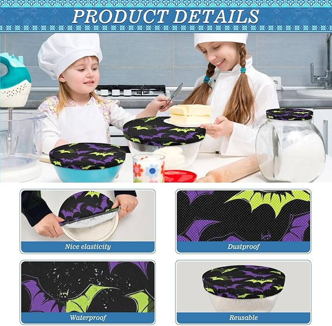 5 Pcs Bowl Covers Reusable in 5 Size Elastic Food Cover Cloth Lids Fresh Keeping Dish Cookware Bakeware Fabric Covers Lids for Food Leftovers Fruits Storage Halloween Bats