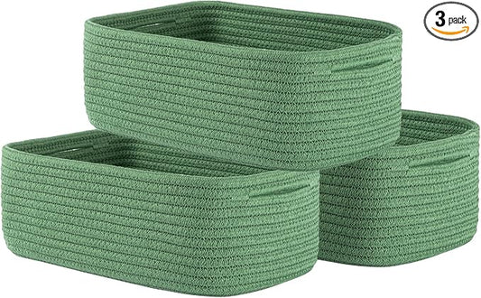 Small Woven Basket, 12 x 8 x 4.5 Inches, Storage Basket for Organizing, Cute Small Rope Shelf Closet Cube Storage Bins Baskets for Shelves, Dog Toy Gift Baskets Empty, 3 Packs, Green