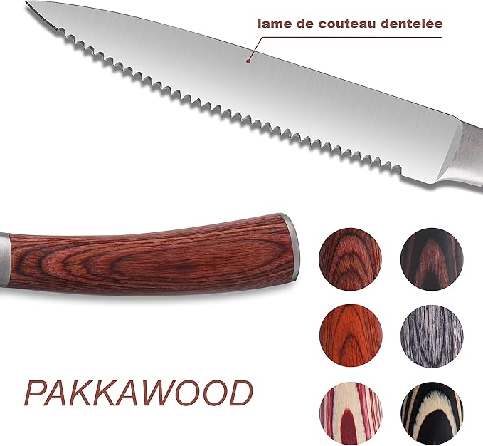Pakkawood Steak Knives Set of 6, 6PCS Set of Stainless Steel Serrated Steak Knives with Pakka Wood Handle, Fine Edge Dinner Knife Set with Gift Box for Home Party