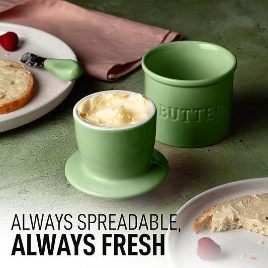 Zulay Kitchen Porcelain Butter Crock With Lid & Knife - Authentic French Butter Dish For Fresh & Spreadable Butter - Olive Green