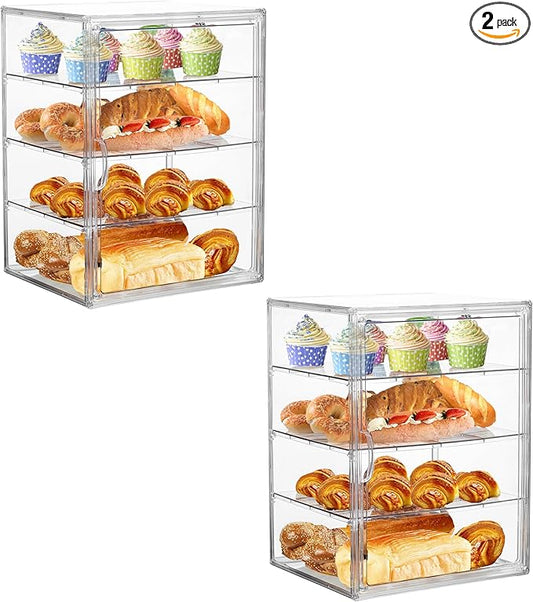 Bread Box for Kitchen Countertop Pastry Display Case 4 Layers Adjustable Clear Bread Storage Container with Magnetic Door Bread Box Bakery Display Case Bread Holder 2 Pack