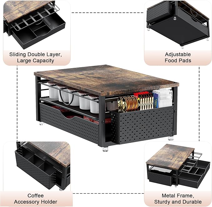 K Cup Holder, Coffee Pod Holder with 2 Tier Sliding Storage Drawer and 1 Hanging Basket for 51 Large or 73 Small Capsule,K Cup Coffee Station Organizer Accessories for Counter,Home,Office,Kitchen