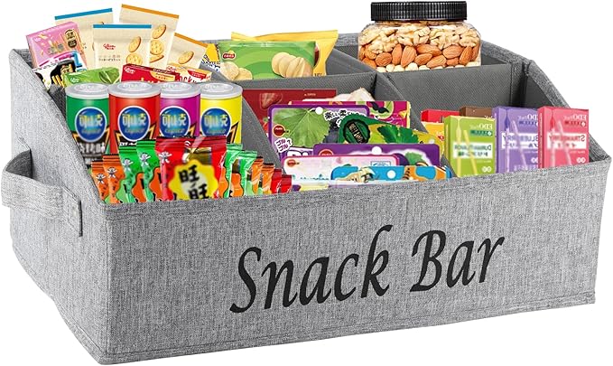 Snack Organizer for Countertop, Fabric Snack Container with Handles, 6 Compartment Snack Box Bin Snack Basket, Snack Bar Station Decor, Kitchen Cabinet Pantry Organizer and Storage