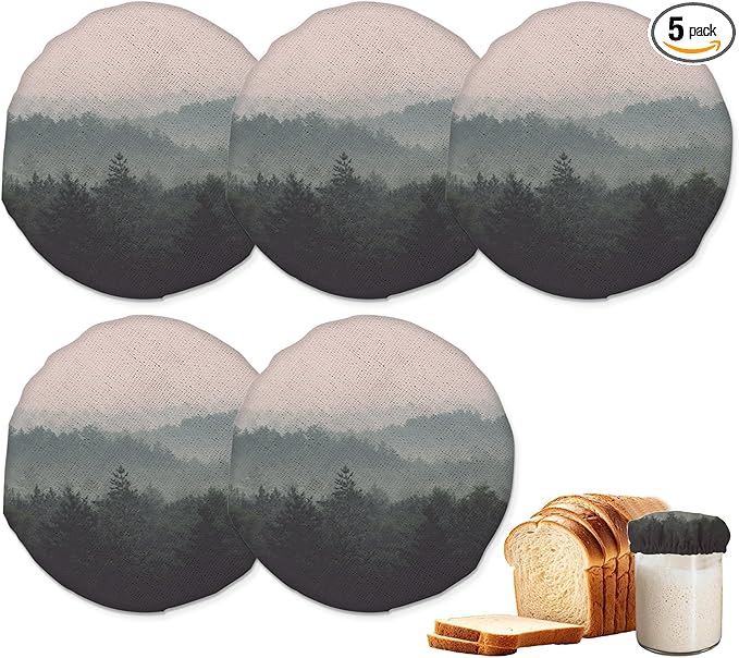 Sourdough Starter Jar Covers,5-Pack Reusable Misty Forest Trees Landscape Cloth Lids for 3-4 Inch Jars,Ideal for Kombucha Kefir or Cheese Fermentation