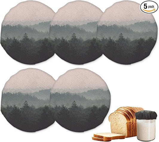 Sourdough Starter Jar Covers,5-Pack Reusable Misty Forest Trees Landscape Cloth Lids for 3-4 Inch Jars,Ideal for Kombucha Kefir or Cheese Fermentation
