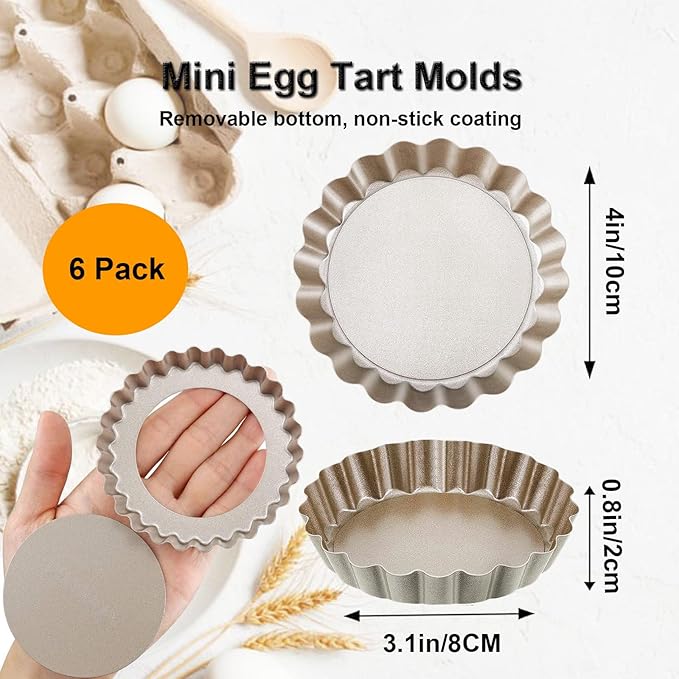 4 Inch Mini Quiche Pans Gold 6 Pack. Egg Tart Molds w/Removable Bottom, Non-Stick Coating, Rugged Carbon Steel for Small Tart Quiche Pie Making. Gift for Women Christmas Thanksgiving Festival