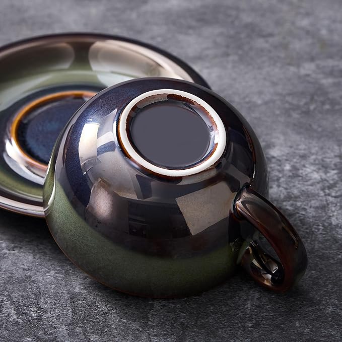 Vintage Design 12 oz Ceramic Latte Art Cappuccino Barista Cup with Saucer (Sea Grey)