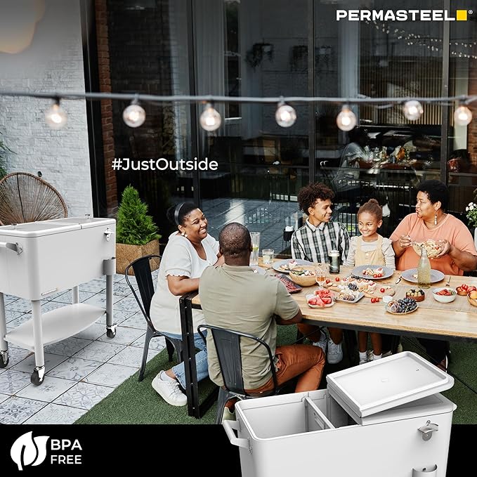 Permasteel 80 Quart Party Cooler, Rolling Ice Chest with Wheels and Handles for Indoor Outdoor Patio