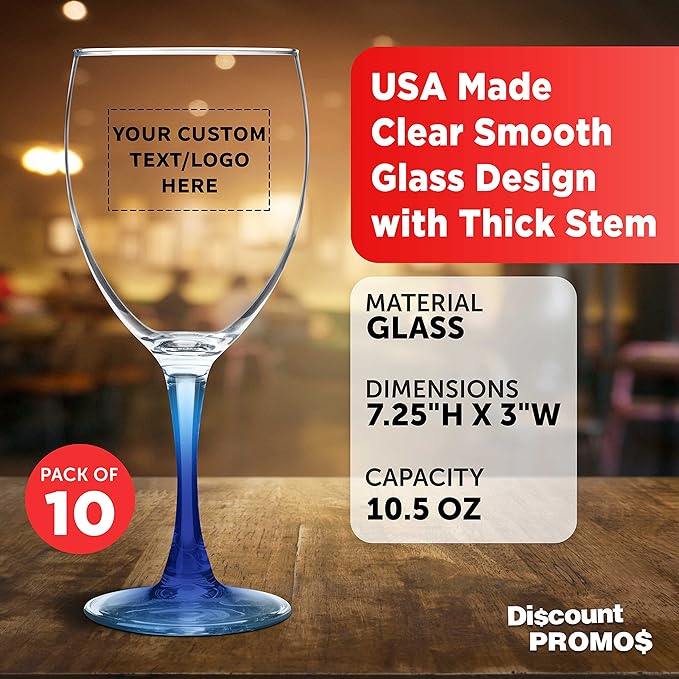 Custom Nuance Wine Glasses by ARC 10.5 oz. Set of 10, Personalized Bulk Pack - Restaurant Glassware, Perfect for Red Wine, White Wine, Cocktails - Blue