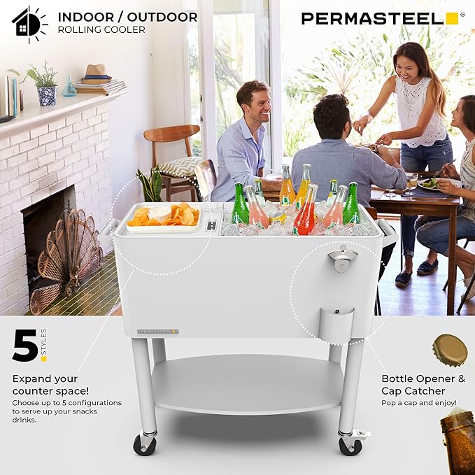 Permasteel 80 Quart Party Cooler, Rolling Ice Chest with Wheels and Handles for Indoor Outdoor Patio