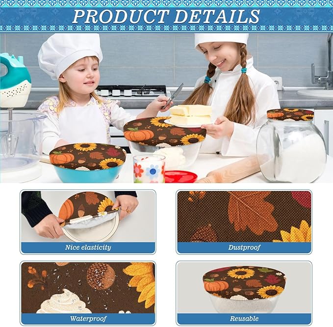 5 Pcs Bowl Covers Reusable in 5 Size Elastic Food Cover Cloth Lids Fresh Keeping Dish Cookware Bakeware Fabric Covers Lids for Food Leftovers Fruits Storage Sunflowers Maple Leaves Pumpkins
