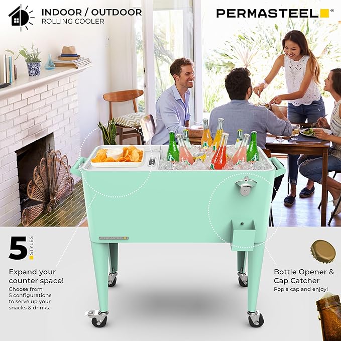 Permasteel 80 Quart Party Cooler, Rolling Ice Chest with Wheels and Handles for Indoor Outdoor Patio