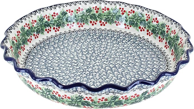 Blue Rose Polish Pottery - Blue Noelle Pie Plate - 10" Diameter - Ceramic Baking Dish, For Pies, Quiches & Desserts