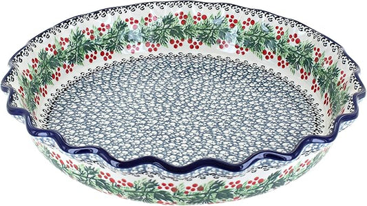 Blue Rose Polish Pottery - Blue Noelle Pie Plate - 10" Diameter - Ceramic Baking Dish, For Pies, Quiches & Desserts