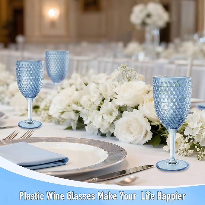 12PCS Blue Plastic Wine Glasses 13oz,Acrylic Goblets Toasting Glassware,Unbreakable Cups Drinking Glasses for Bar Party,Wedding