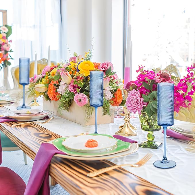 6 Pieces Blue Champagne Flutes,6 OZ Twill Pattern Striped Vintage Stem Glasses Stemware Wine Glasses Champagne Long Stem Drinking Colored Glasses Goblets for Wedding Cocktail Cups,Cava, Prosecco