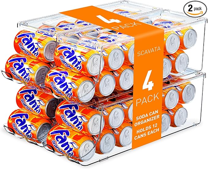 4 Pack Soda Can Organizer for Refrigerator, Stackable Canned Food Pop Cans Container Can Holder Dispenser with Lid for Fridge Rack Freezer, Clear Storage Bins-Holds 12 Cans Each (Transparent)