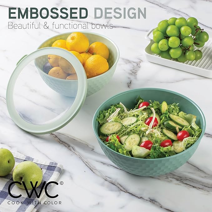 COOK WITH COLOR Mixing Bowls with Lids - 12 Piece Plastic Nesting Bowls Set includes 6 Prep Bowls and 6 Lids, Non Slip Bottom and Embossed Design - Microwave Safe (Sage)