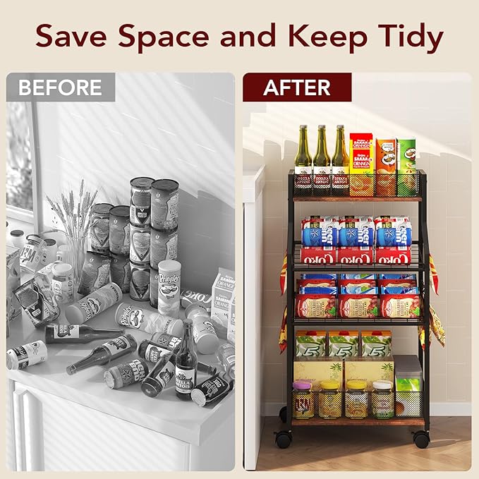 Can Organizer for Pantry - Rolling Snack Cart, Multi-Layer Soda Can Organizer for Pantry, Mobile Beverage Storage Rack with Wheels, Versatile Metal Shelf for Kitchen and Office, Black Brown