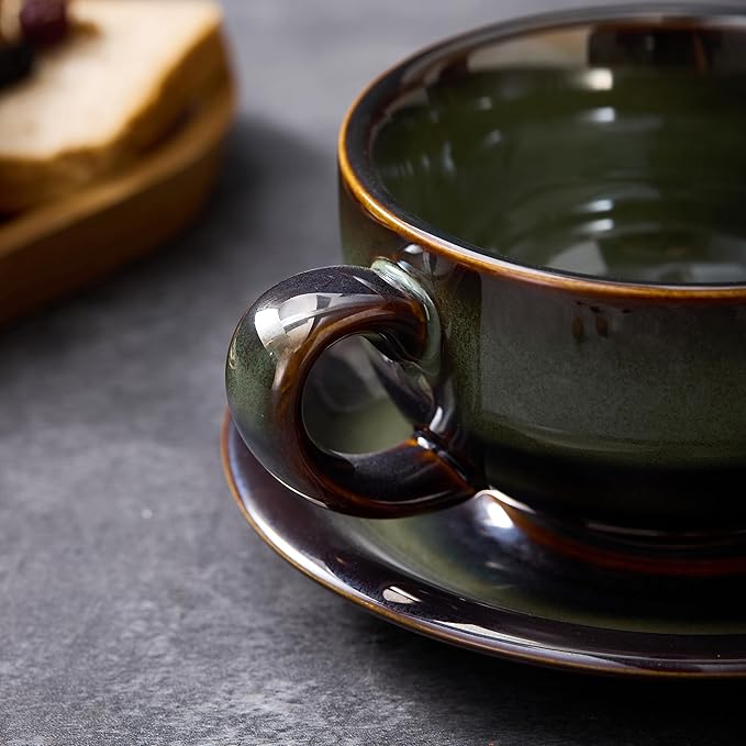 Vintage Design 12 oz Ceramic Latte Art Cappuccino Barista Cup with Saucer (Sea Grey)