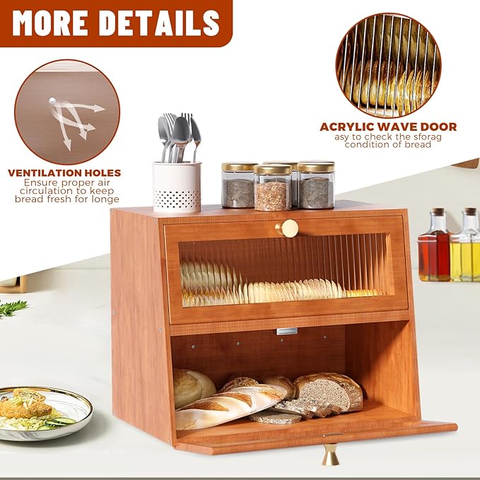 Bread Box for Kitchen Countertop Wooden Bread Bin Farmhouse Bread Storage Container Large Breadbox Holder with Window (Brown)