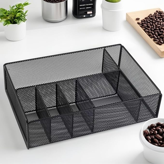 Coffee Bar Organizer for Countertop, Black Metal -6 Compartments Coffee Station Organizer for Tea,Cups, Syrup,Spoons