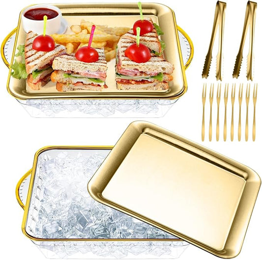 Baderke 9" Chilled Serving Tray for Parties with Compartments Ice Chilled Party Platter Charcuterie Serving Board Cold Dish Dip with Forks Tongs for Fruit Seafood Vegetable Appetizer(Gold,2 Set)