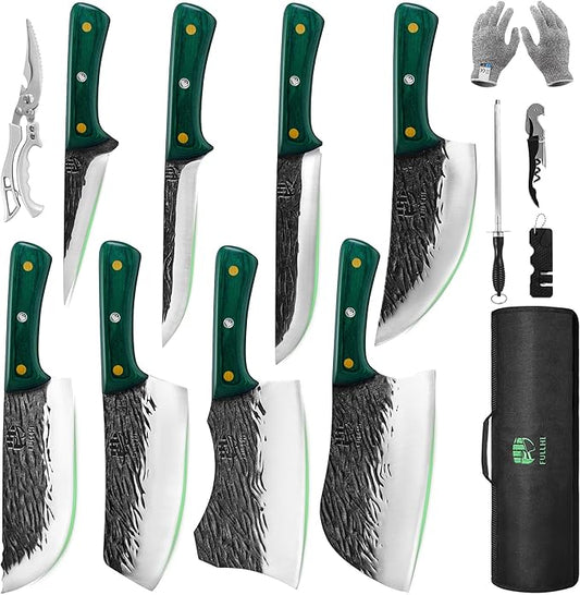 FULLHI Butcher Knife Set with Kitchen Shears, Hand Forged Chef Boning Knife With Scissors High Carbon Steel For Kitchen, Camping, BBQ