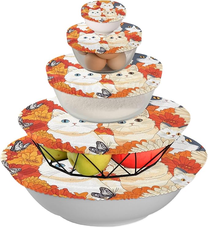 5 Pcs Bowl Covers Reusable in 5 Size Elastic Food Cover Cloth Lids Fresh Keeping Dish Cookware Bakeware Fabric Covers Lids for Food Leftovers Fruits Storage Orange Chrysanthemum and Cute Ca