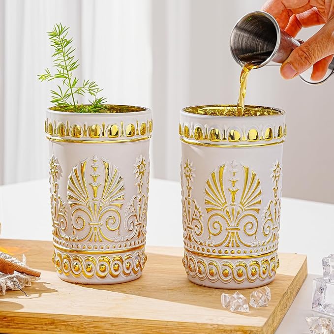 Sungmor Vintage White and Gold Tumblers - Set of 2 Embossed Glasses, 10.8 oz Decorative Drinking Cups for Water, Juice or Cocktails - Elegant Baroque Glassware for Party or Special Occasions