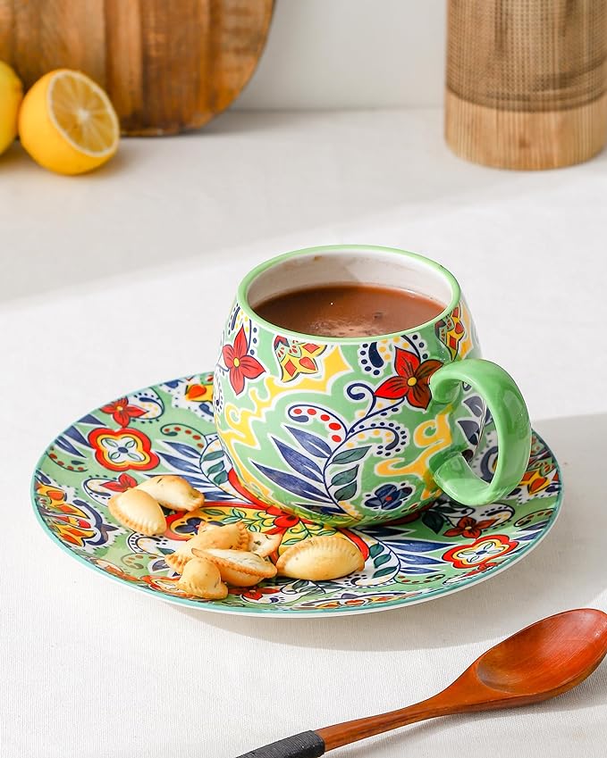 HENXFEN LEAD Boho Coffee Mugs 20 Ounce - Porcelain Cups for Latte, Tea, Cappuccino, Cocoa, Soup, Dishwasher, Microwave Safe, Christmas Gift Set of 6 - Bohemian Style