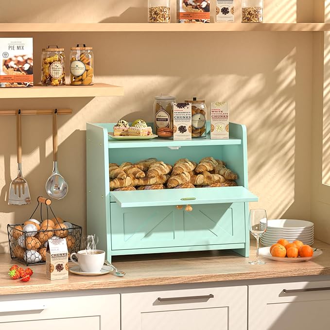 Bread Box for Kitchen Countertop, Double Layer Wooden Breadbox, Large Capacity Bread Storage Bin, Homemade Bread Storage Container, Farmhouse Breadbox Organizer, Green