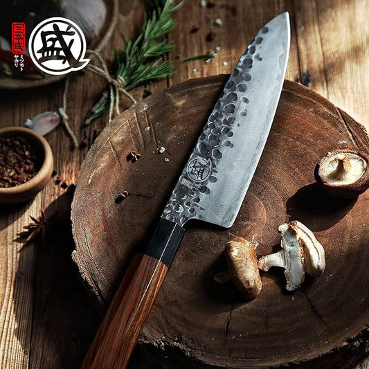 MITSUMOTO SAKARI Gyuto Chef Knife 8 inch - Hand Forged Japanese Kitchen Knives, 3-Layer 9CR18MOV High Carbon Steel, Rosewood Handle & Sandalwood Box