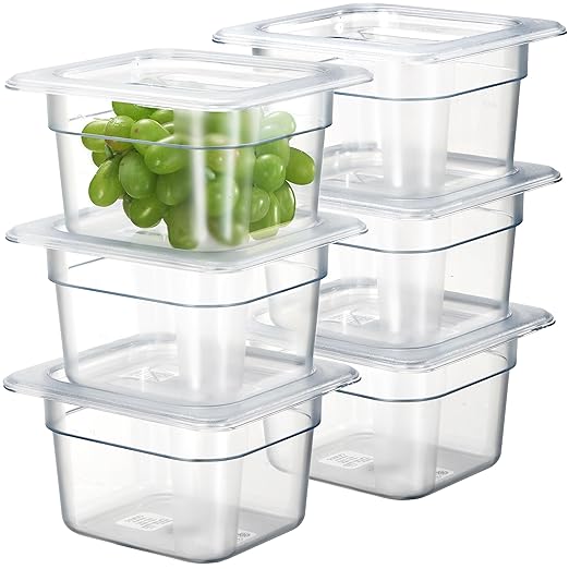 CURTA 6-Pack 1/6 Size 4" Deep NSF Polycarbonate Food Pans with Handled Lids & Drain Trays | Dishwasher & Freezer Safe Clear Container for Prep Tables, Buffet, Salad Bar, Commercial Kitchen