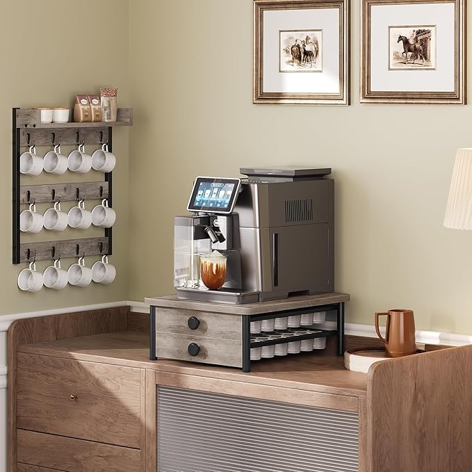 Coffee Pod Drawer Holder for K Cup, 56 Pods Capacity, 2 Tier Organizer for K Cup, Coffee Pod Organizer for Countertop, Space Saving, Easy Assembly, Greige and Black KH28BGY1