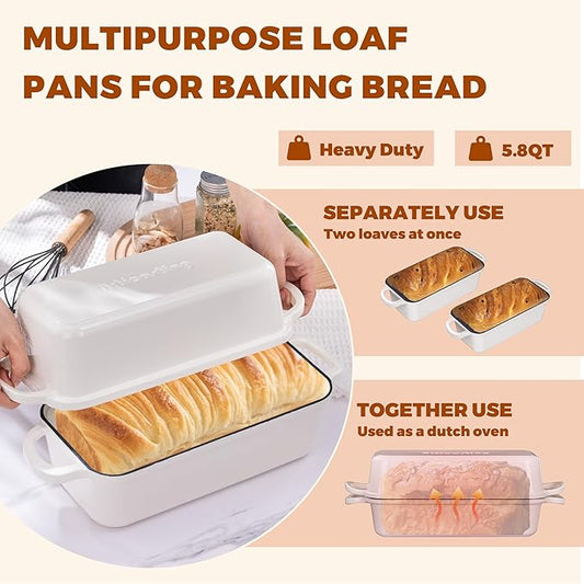 11x5 Inch Cast Iron Bread Loaf Pan With Lid, 5.8 Qt Large Loaf Pan for Sourdough Bread Baking, Heavy Duty Dutch Oven Bread Pan For a Crispy Crus (Cream White)